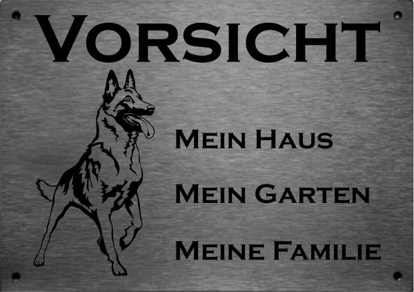Edelstahl Warnschild Belgischer Schäferhund VORSICHT Mein Haus mein Garten meine Familie